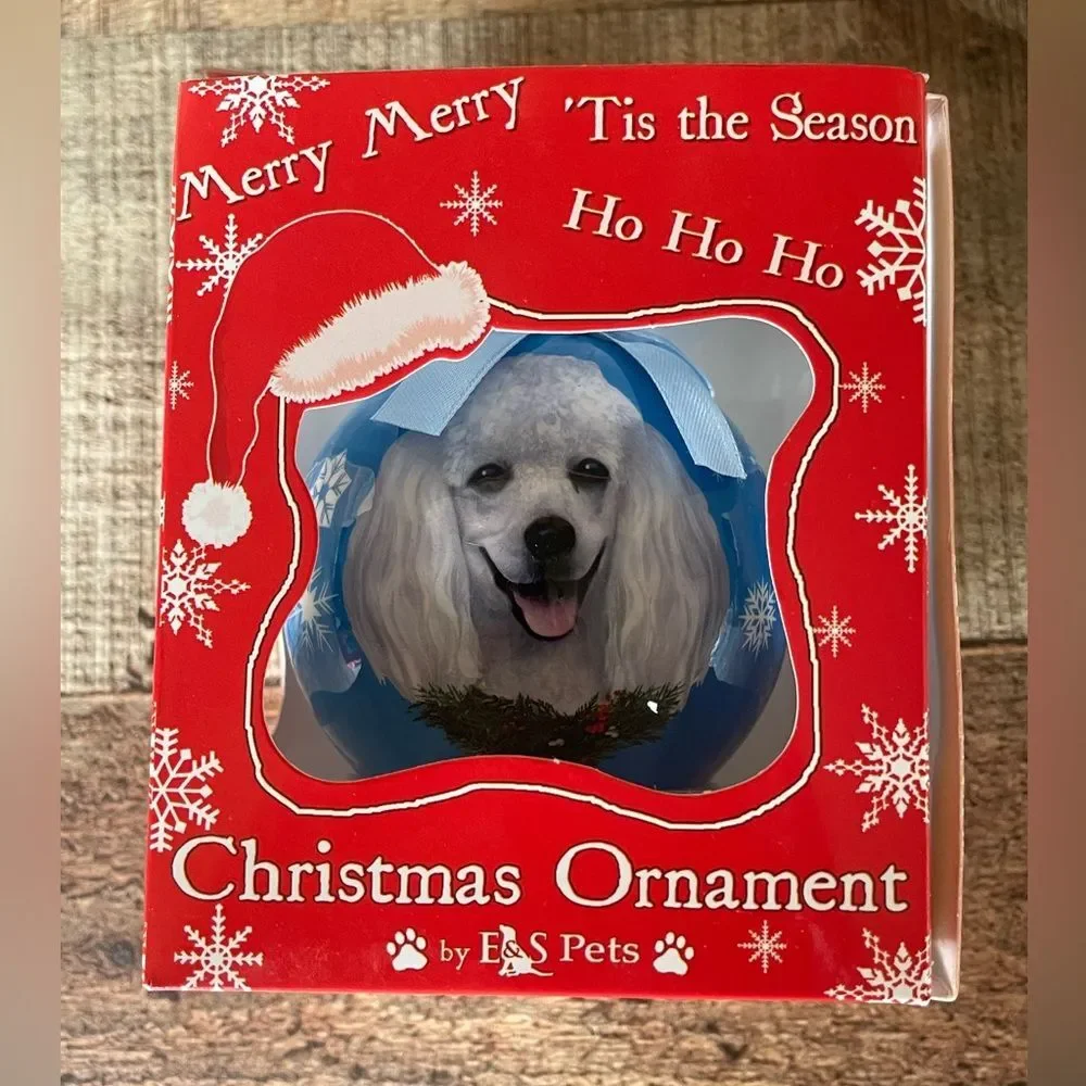 NEW- White Poodle Dog Christmas Ornament Blue Snowflakes Round  E&S Pets